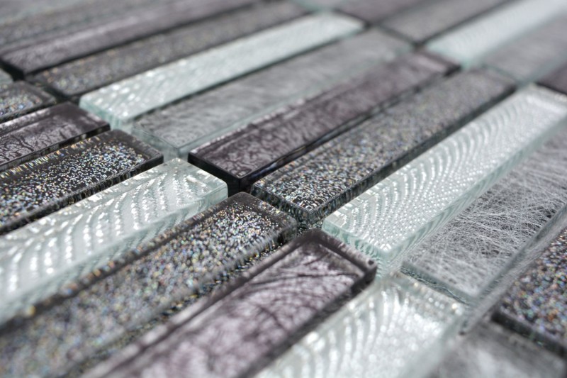 Glasmosaik Stäbchen Mosaikfliesen Fliesenspiegel glitzer silber anthrazit MOS87-STDS