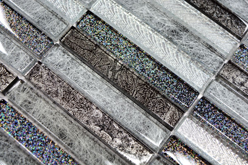 Mosaikmatte Mosaikfliesen Mosaik Stäbchen Crystal Day silver glänzend 298x304 mm 