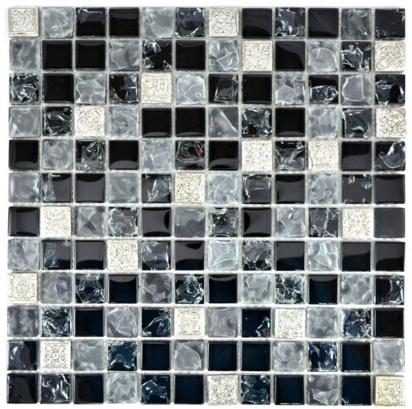 Handmuster Mosaikfliese Transluzent grau schwarz Glasmosaik Crystal Resin grau schwarz silber gefrostet MOS92-0333_m