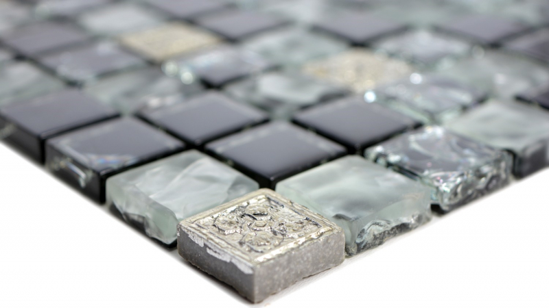 Piastrella di mosaico dipinta a mano Grigio traslucido nero Mosaico di vetro Cristallo Resina grigio nero argento smerigliato MOS92-0333_m
