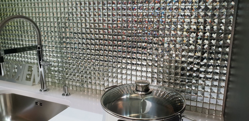 Mosaico di vetro diamante look mosaico piastrelle argento backsplash cucina MOS130-0204