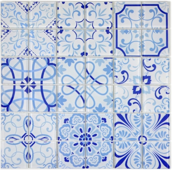 Glass mosaic retro vintage mosaic tiles white blue kitchen wall MOS68-Retro-M