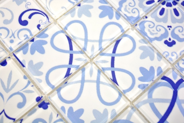 Mosaico di vetro retro vintage tessere di mosaico bianco blu parete cucina MOS68-Retro-M