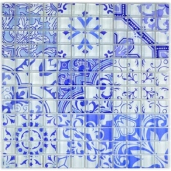 Glass mosaic retro vintage mosaic tiles white blue MOS88-Retro-33