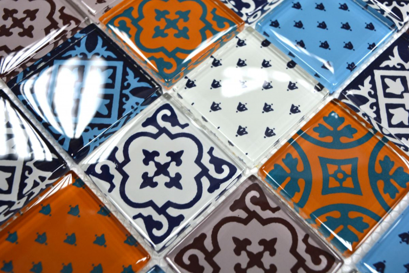 Piastrella di mosaico retrò vintage traslucido bianco blu arancione grigio mosaico di vetro aspetto cristallo MOS78B-0123_f | 10 tappetini di mosaico