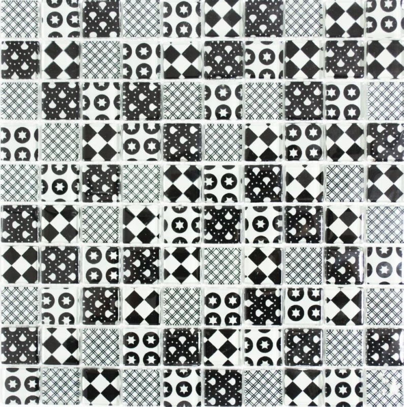 Glass mosaic retro vintage ornaments mosaic tiles tile backsplash white optics black MOS88-8OP5