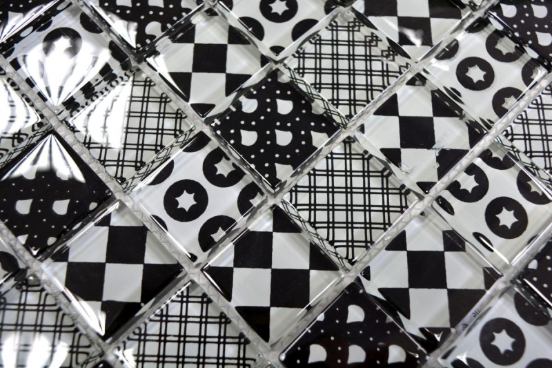 Piastrella di mosaico retrò vintage Mosaico di vetro bianco traslucido Cristallo ottico nero MOS88-8OP5_f | 10 tappetini di mosaico