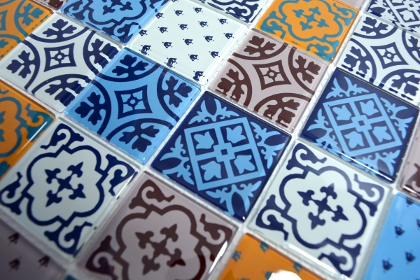 Mosaico vintage retrò traslucido bianco blu arancione grigio mosaico di vetro aspetto cristallo MOS68-4OP12_f | 10 tappetini di mosaico