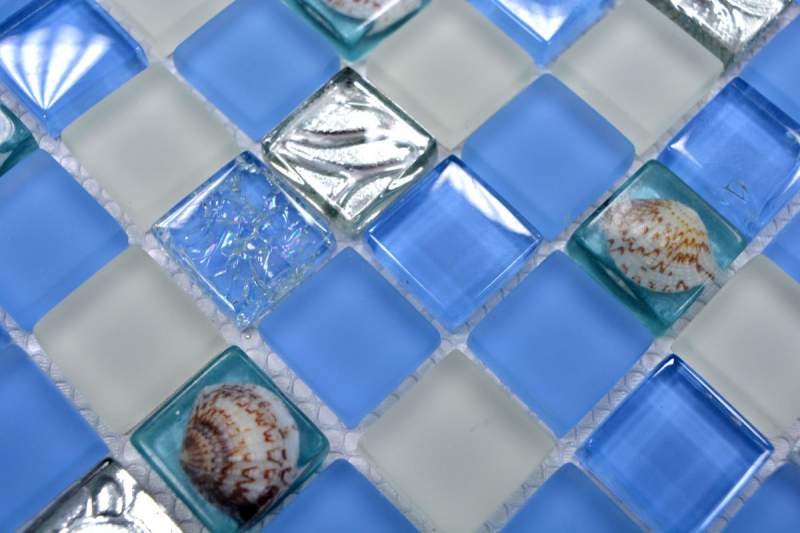 Mosaïque de coquillages Carreaux de mosaïque de verre blanc mat bleu argenté MOS82B-0104
