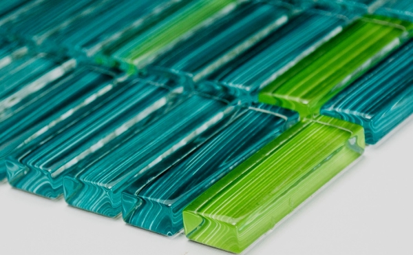 Hand-patterned mosaic tile Translucent line green rods Glass mosaic Crystal line green MOS77-0508_m