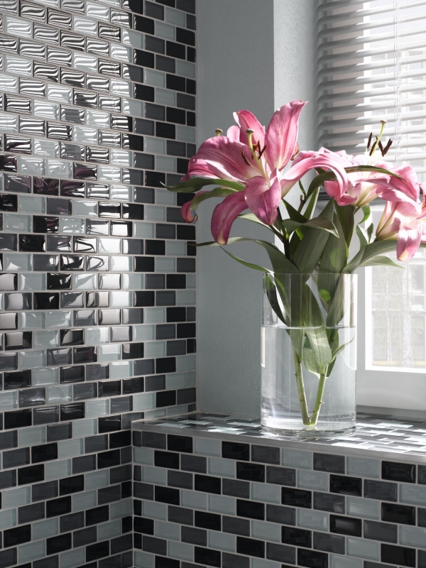 Glasmosaik Mosaikmatte Mosaikbordüre weiss grau schwarz Mauerverbund Brick MOS76-0204