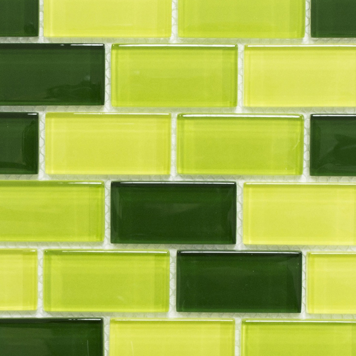 Piastrella di mosaico Verde traslucido Brick Mosaico di vetro Cristallo verde chiaro verde scuro MOS76-0506_f | 10 tappetini di mosaico