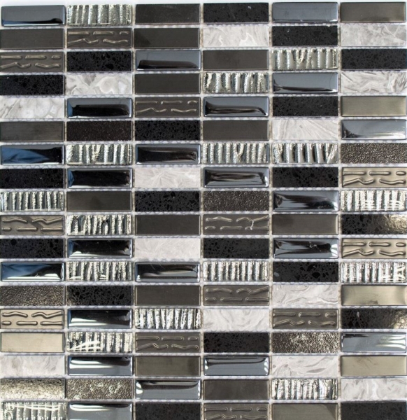 Riemchen Rechteck Mosaikfliesen Glasmosaik Komposit Edelstahl silber grau schwarz Fliesenspiegel Bad Küche - MOS87-SM58