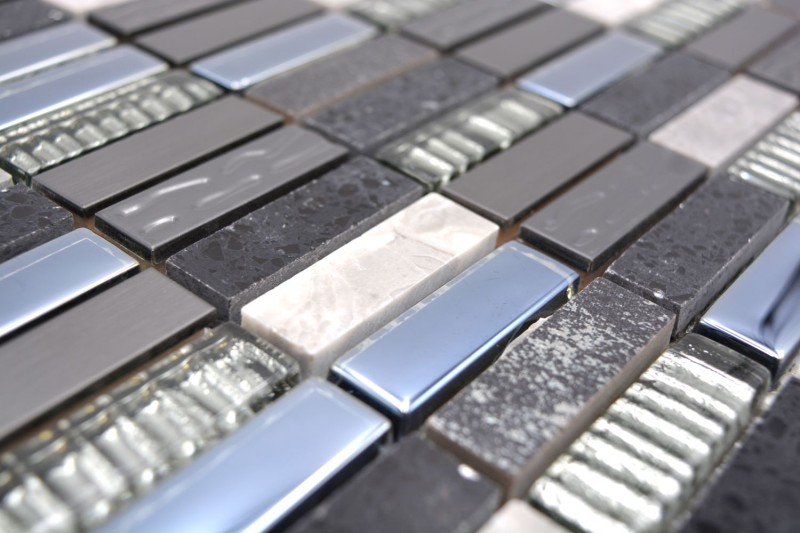 Piastrelle di mosaico rettangolari in vetro mosaico composito in acciaio inox argento grigio nero piastrelle backsplash bagno cucina - MOS87-SM58