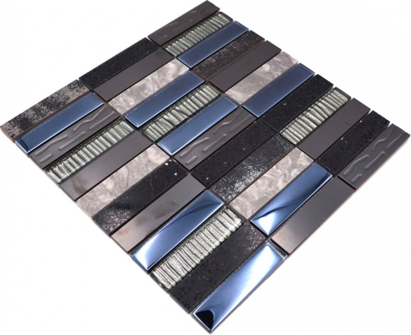 Plaquette Rectangle Mosaïque de verre Composite Acier inoxydable argenté gris bleu noir Revêtement mural cuisine - MOS87-58X