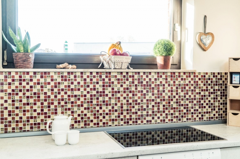 Pietra artificiale rustica mosaico piastrelle di vetro mosaico resina beige rosso marrone vaniglia nero piastrelle backsplash parete cucina bagno WC - MOS83-CMCB25