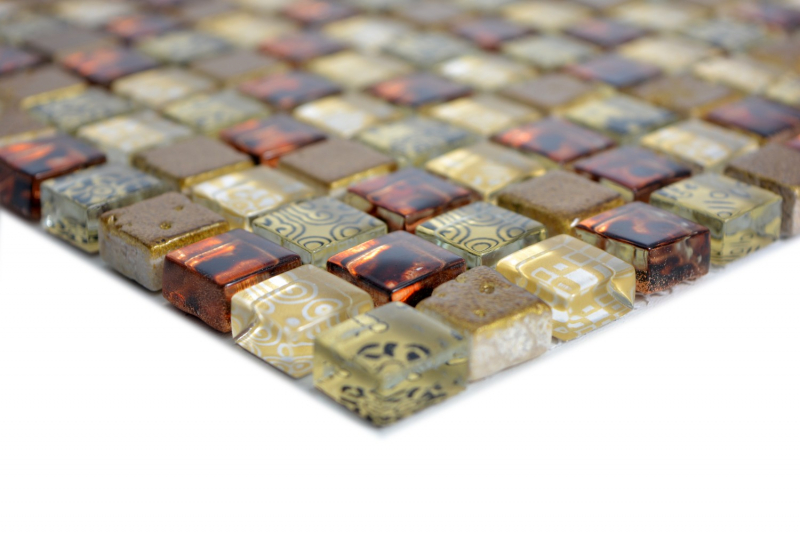 Piastrella di vetro a mosaico beige resina ocra marrone dorato parete backsplash - MOS92-1212
