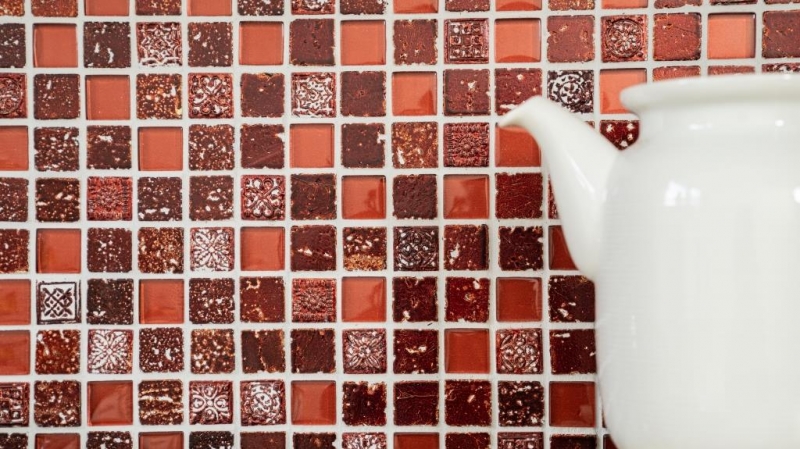 Kunststein Rustikal Mosaikfliese Glasmosaik Resin dunkelrot feuerrot BAD WC Küchenrückwand Fliesenspiegel Wand - MOS82-0906