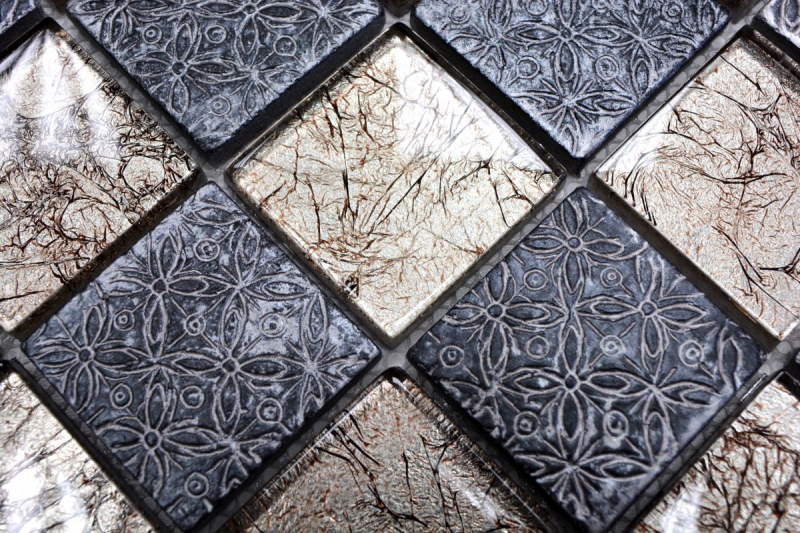 Piastrella di vetro a mosaico champagne nero aspetto resina backsplash cucina doccia parete MOS78B-0702