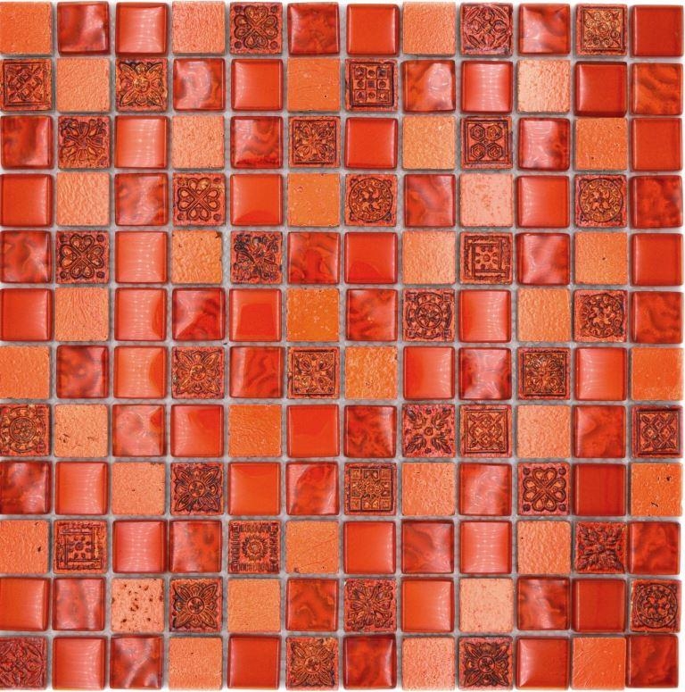 Kunststein Rustikal Mosaikfliese Glasmosaik Resin hellrot feuerrot Struktur Fliesenspiegel Küche Wand Bad WC - MOS83-CB30