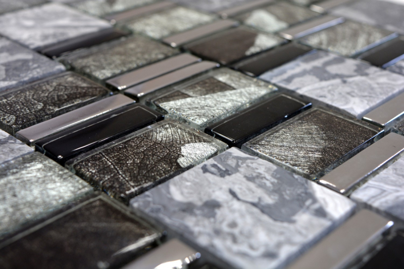 Piastrella di mosaico dipinta a mano Grigio traslucido nero Mosaico di vetro multiformato Pietra di cristallo EP grigio nero MOS88-0210_m