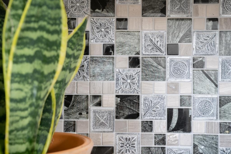 Glasmosaik Kunststein Mosaikfliesen Resin silber grau anthrazit Ornament Fliesenspiegel Wand WC - MOS88-0280