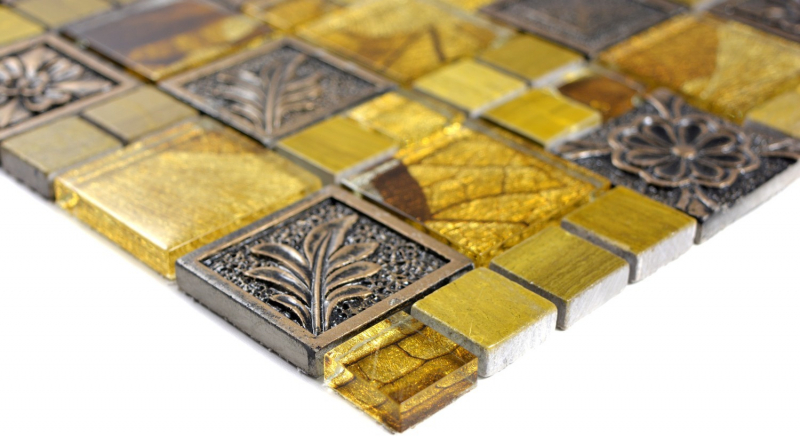 Glasmosaik Kunststein Mosaikfliesen Resin gold grau silber Ornament Fliesenspiegel Wand Bad Küche - MOS88-0790