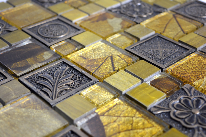 Handmuster Mosaikfliese Transluzent gold Kombination Glasmosaik Crystal Resin gold Ornament MOS88-0790_m