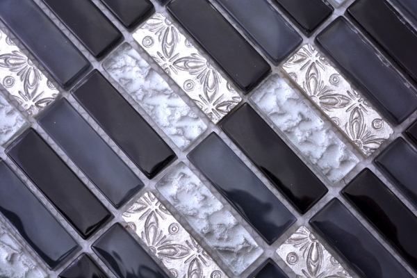 Riemchen Rechteck Mosaikfliesen Glasmosaik Stäbchen Resin Kunststein grau schwarz silber Küchenrückwand Bad Wand WC - MOS87-03108