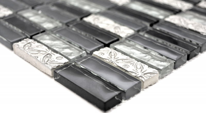 Carreau de mosaïque translucide gris noir baguettes Mosaïque de verre Crystal Resin gris noir argenté MOS87-03108_f