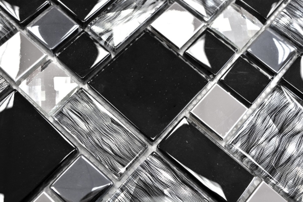 Glasmosaik Edelstahl Mosaikfliesen schwarz silber klar grau Fliesenspiegel Küchenrückwand Bad WC - MOS88-03689