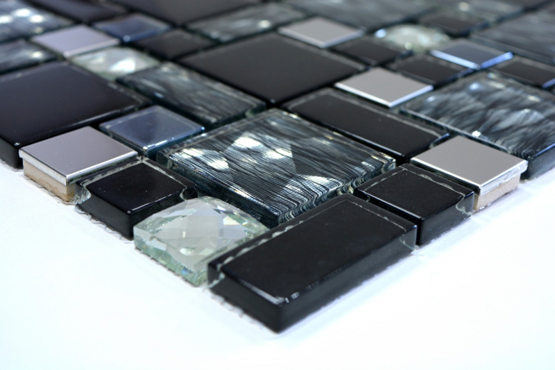 Piastrella di mosaico traslucida in acciaio inox nero combinazione di vetro MOS88-03689_f