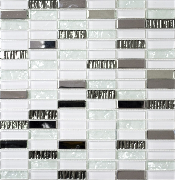 Glasmosaik Stäbchen Mosaikfliesen Edelstahl weiss silber MOS87-0102