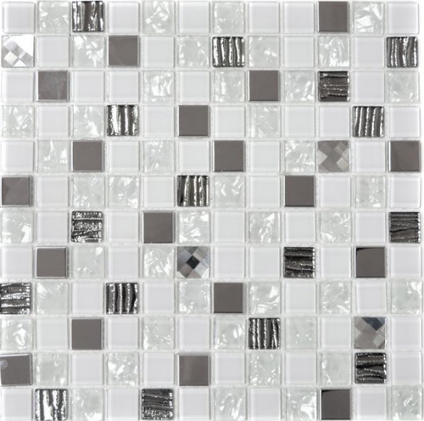 Glasmosaik Mosaikfliesen Mosaikglas Mosaik Edelstahl Weiß Silber Matte 30x30 cm 