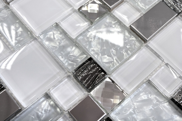 Campione a mano tessere di mosaico traslucido acciaio inox bianco combinazione di vetro mosaico cristallo acciaio bianco vetro MOS88-01699_m