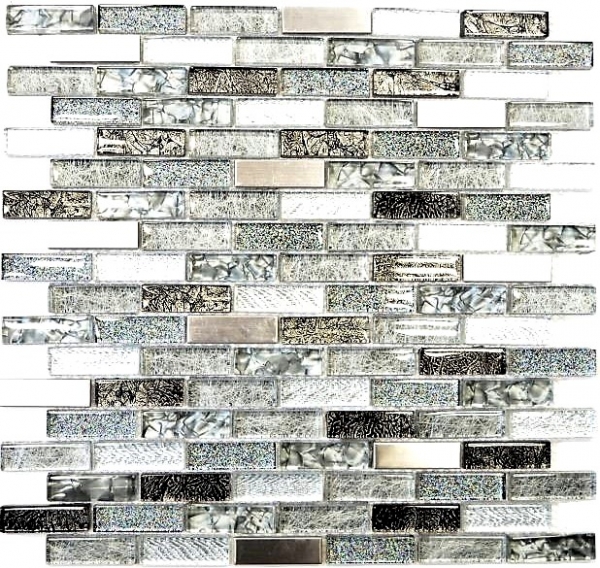 Piastrella di mosaico campione a mano traslucida in acciaio inox grigio argento nero mosaico in vetro composito Acciaio cristallo grigio argento nero MOS87-IL017_m