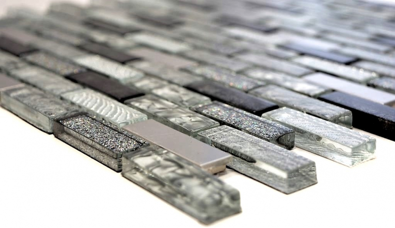 Échantillon manuel Carreau de mosaïque translucide acier inoxydable argent gris noir composite Mosaïque de verre Crystal acier argent gris noir MOS87-IL017_m