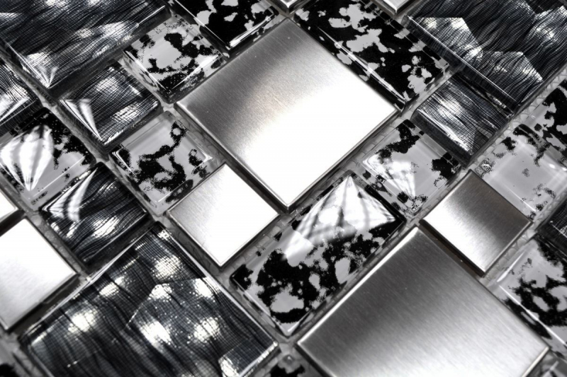 Piastrella di mosaico traslucida in acciaio inox nero argento combinazione di mosaico di vetro Cristallo acciaio nero struttura MOS88-0203_f | 10 tappetini di mosaico