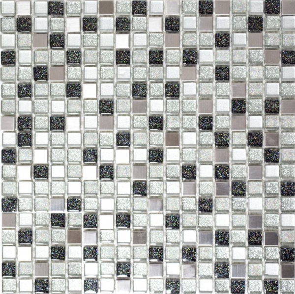 Handmuster Mosaikfliese Fliesenspiegel Transluzent Edelstahl silber schwarz Glasmosaik Crystal Stahl silber schwarz MOS92-0207_m