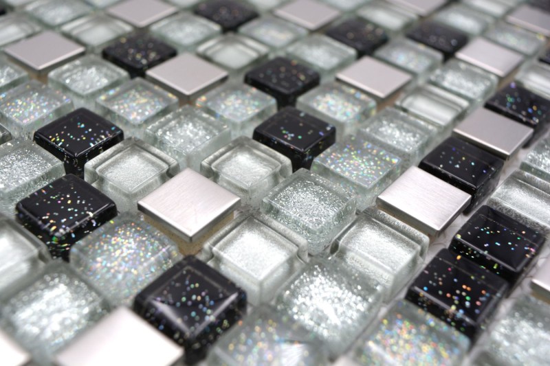 Glasmosaik Mosaikfliese Edelstahl silber schwarz grau Glitzer Fliesenspiegel Wandverkleidung - MOS92-0207