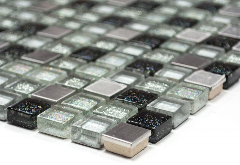 Mosaikfliese Transluzent Edelstahl silber schwarz Glasmosaik Crystal Stahl silber schwarz MOS92-0207_f