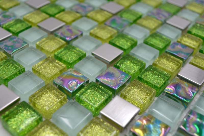 Piastrella di vetro a mosaico in acciaio inox verde lime argento glitter rivestimento bagno - MOS92-0506
