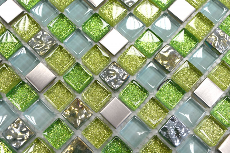 Glass mosaic mosaic tile stainless steel green lime silver glitter splashback wall cladding bathroom - MOS92-0506