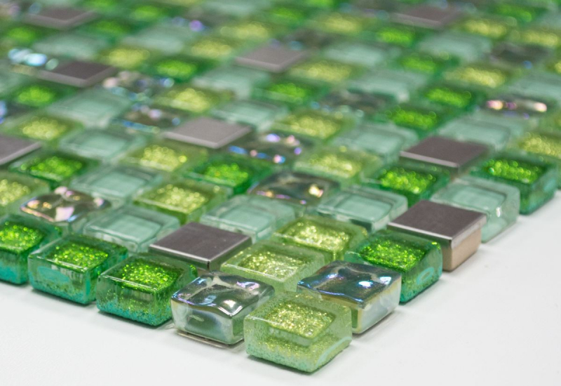 Handmuster Mosaikfliese Fliesenspiegel Transluzent Edelstahl grün Glasmosaik Crystal Stahl grün MOS92-0506_m