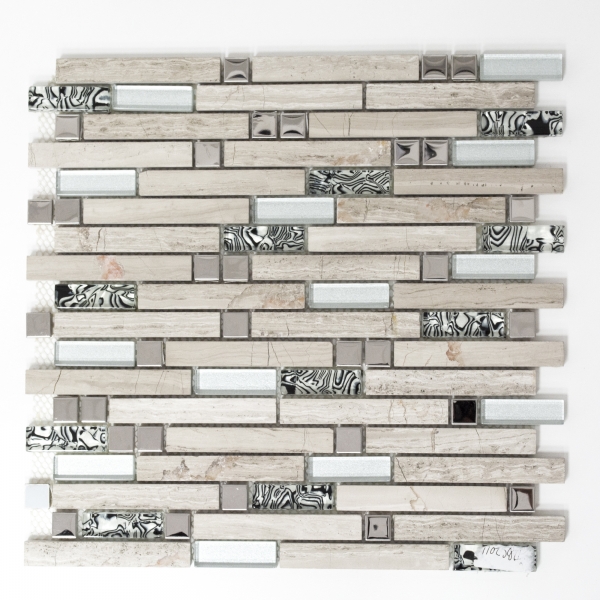 Glass mosaic natural stone rods mosaic tile stainless steel silver light beige gray white wall cladding kitchen wall - MOS86-0108