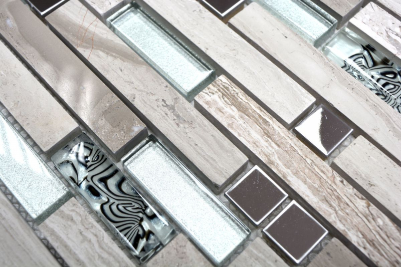 Piastrella di mosaico traslucida acciaio inox bianco legno composito mosaico di vetro Pietra di cristallo acciaio legno bianco MOS86-0108_f