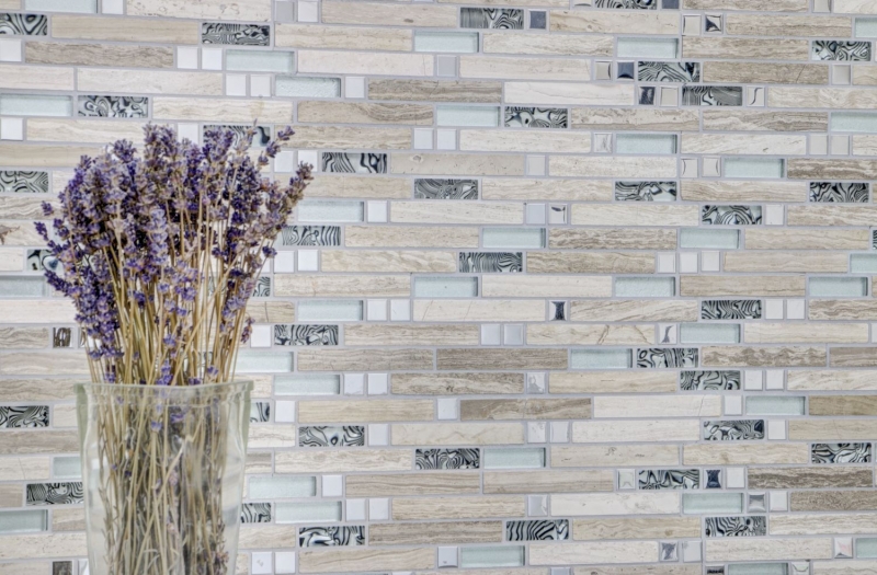 Glass mosaic natural stone rods mosaic tile stainless steel silver light beige gray white wall cladding kitchen wall - MOS86-0108