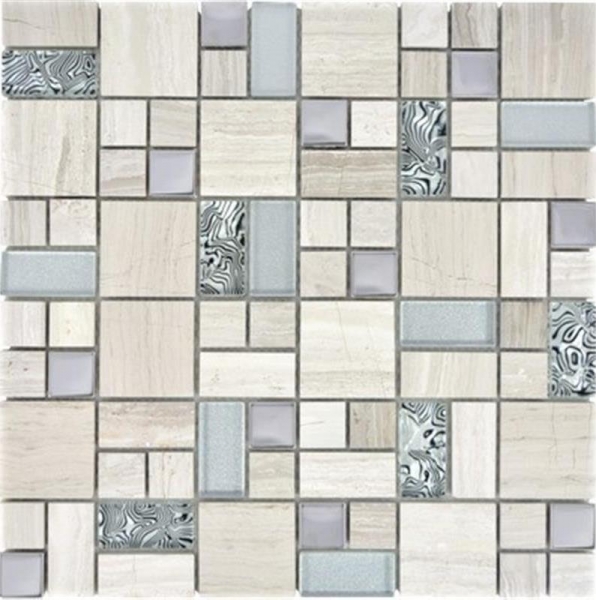 Piastrella a mosaico Mosaico traslucido in acciaio inox grigio bianco combinazione di vetro Pietra di cristallo acciaio bianco legno MOS88-0202_f