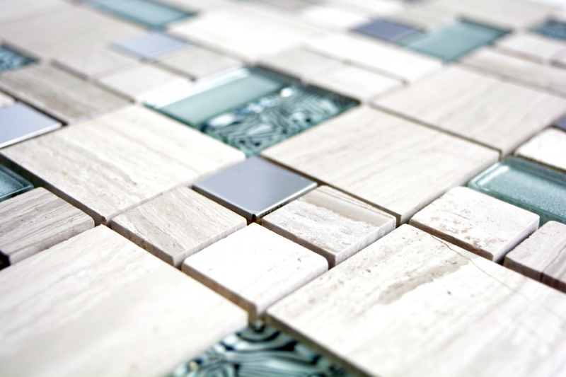 Handmuster Mosaikfliese Transluzent Edelstahl grauweiß Kombination Glasmosaik Crystal Stein Stahl weißes Holz MOS88-0202_m