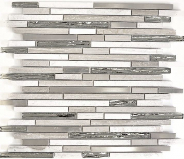 Glass mosaic natural stone rods stainless steel marble gray white light gray silver wall cladding kitchen bathroom WC - MOS86-SV85